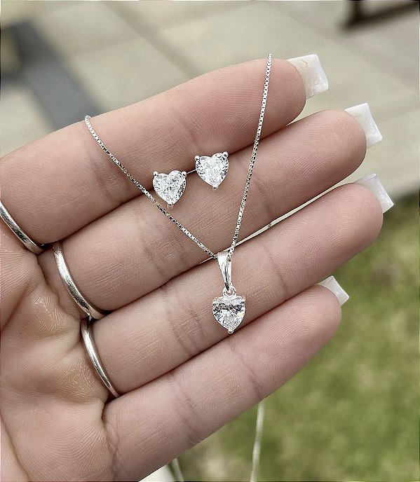 Conjunto de Prata Pedra Coração 6mm
