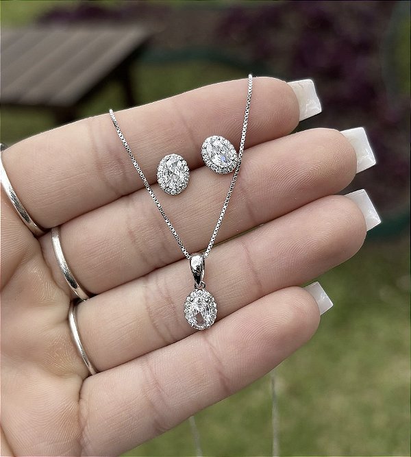 Conjunto de Prata Oval Cristal
