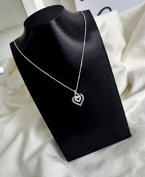 Colar de Prata Coração Duplo Cravejado