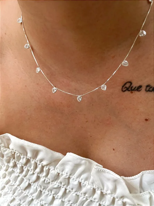 Colar de Prata Choker Veneziana com Pedras de Coração