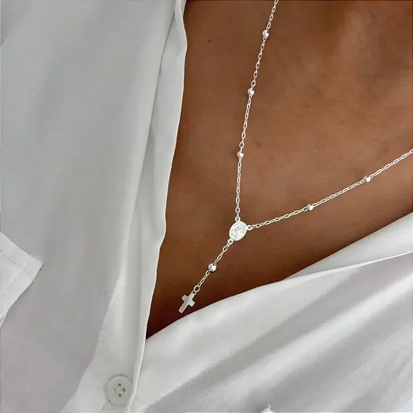 Colar de Prata Terço S.C.Jesus e São Jorge