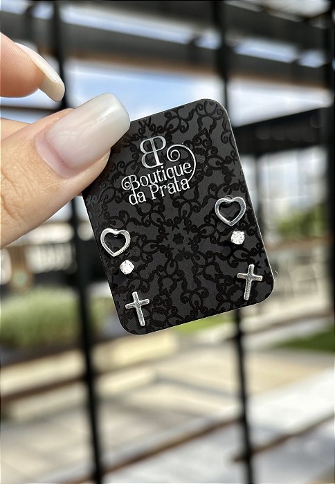 Brinco de Prata Trio Coração/PL/Cruz