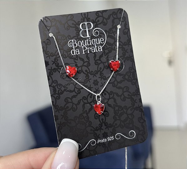Conjunto de Prata Coração Vermelho