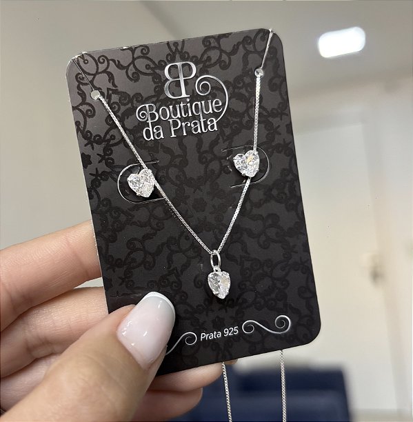 Conjunto de Prata Ponto de Luz Coração Branco