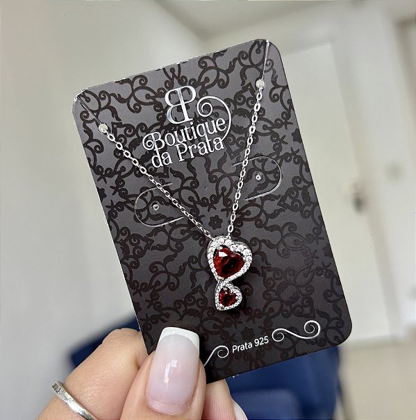 Colar de Prata 2 Corações Vermelho