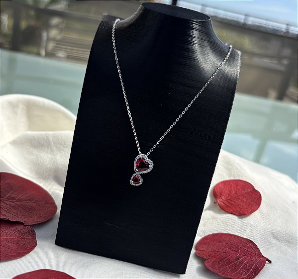 Colar de Prata 2 Corações Vermelho