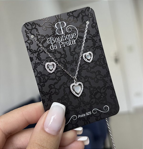 Conjunto de Prata Coração Cravejado e Pedra Branca