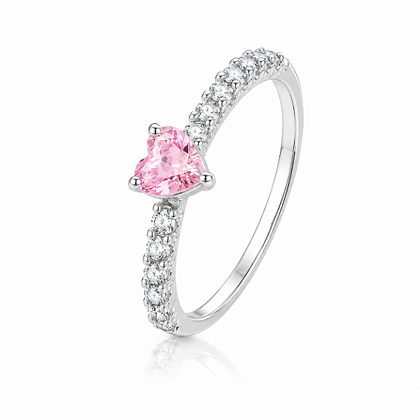 Anel de Prata Coração Rosa Cravejado