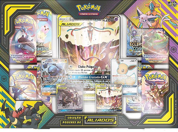 Box Coleção Poderes de Aliados Pokémon Estampas Ilustradas Espeon e Deoxys GX
