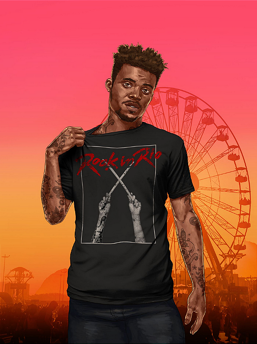 Camiseta Baqueta Masculina Preta Rock in Rio