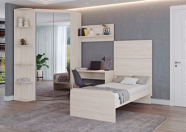 Roupeiro de Canto com Espelho - Cama Solteiro e Mesa de estudos Aspen Supreme 1.36 x 3.16m