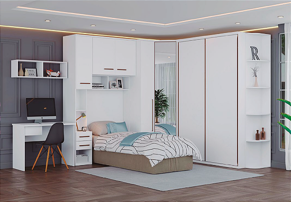 Roupeiro de Canto - Solteiro com mesa Branco Premium 3.62 x 2.72m