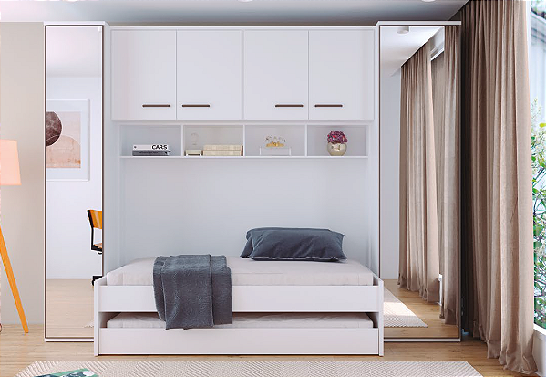 Roupeiro  - Cama solteiro com cama auxiliar Branco Premium 3.06 m
