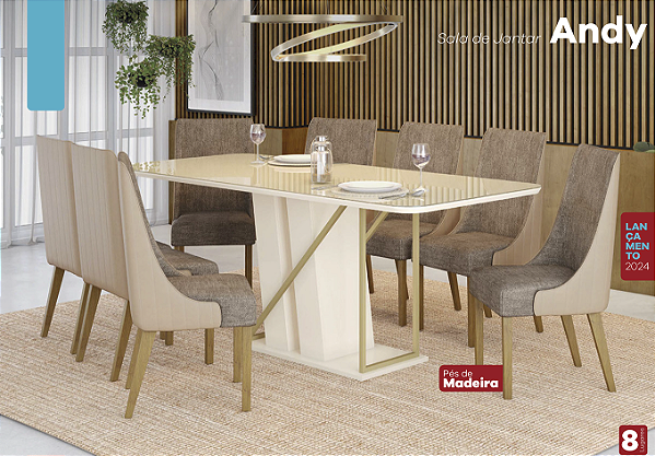 Sala de Jantar Mesa e cadeiras Andy 8 Lugares