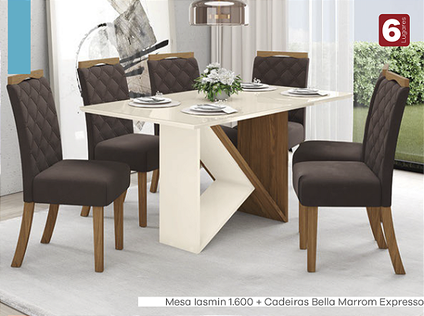 Sala de Jantar Mesa e cadeiras Yasmin 6 Lugares