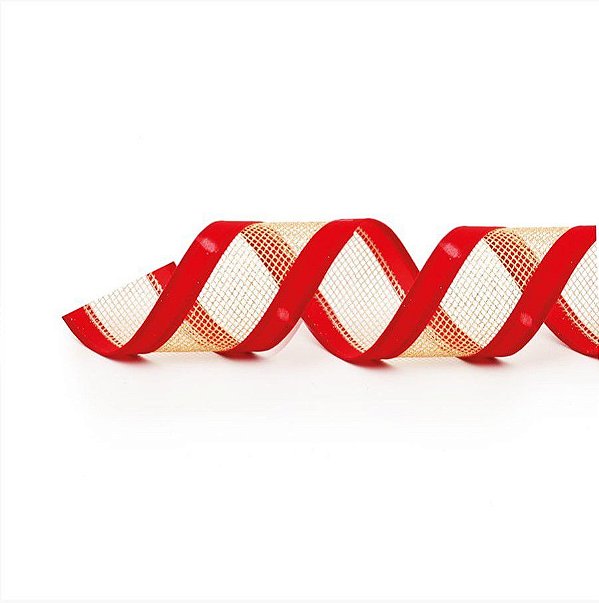 Fita Aramada Telada Vermelho e Ouro 6,3cm x 9,14m - 01 unidade - Cromus Natal - Rizzo Balões