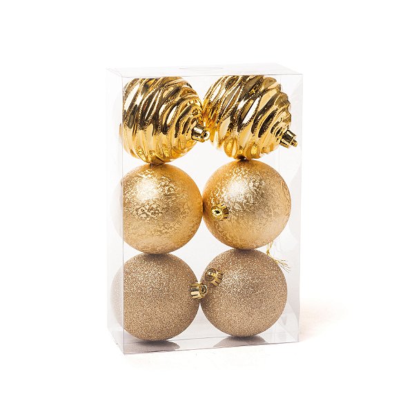 Kit Bola com Glitter Texturizadas Ondas Ouro 8cm - 06 unidades - Cromus Natal - Rizzo Balões