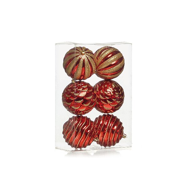 Kit Bolas Texturizadas Sortidas Vermelho e Ouro Glitter 10cm - 06 unidades - Cromus Natal - Rizzo Balões