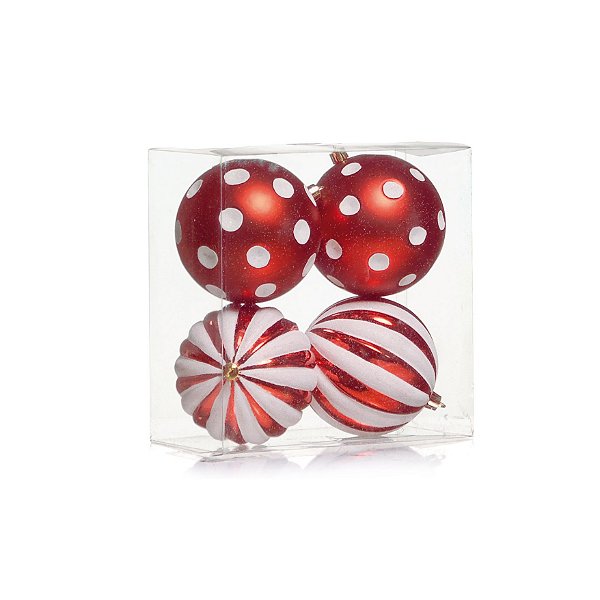 Kit Bolas Texturizadas Vermelha e Branca - 10cm - 04 unidades - Cromus Natal - Rizzo Balões
