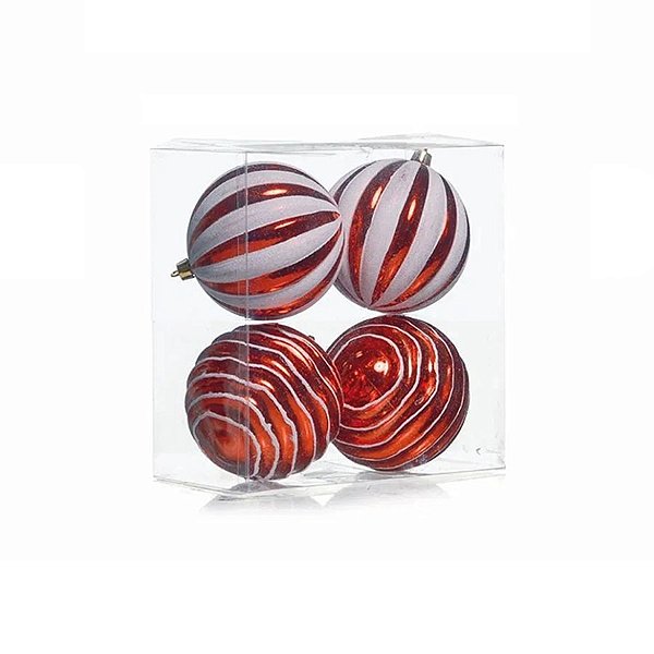 Kit Bolas Texturizadas Vermelho e Branco 10cm - 04 unidades - Cromus Natal - Rizzo Balões