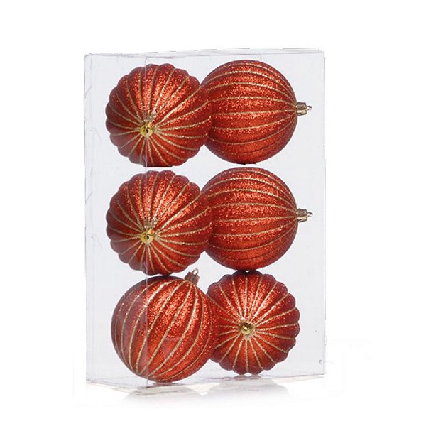 Kit Bolas Listras Vermelho e Ouro 8cm - 06 unidades - Cromus Natal - Rizzo Balões