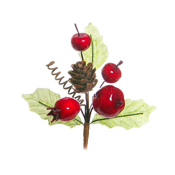 Pick Decorativo - Galhos Folhas Frutas e Pinha - 10cm - 01 unidade - Cromus Natal - Rizzo