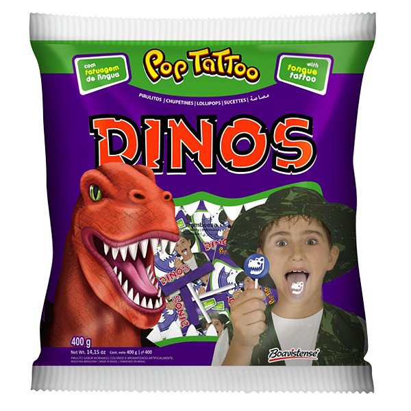 Pirulito Pop Tattoo Dinos - 400g - 50 Unidades - Florestal - Rizzo