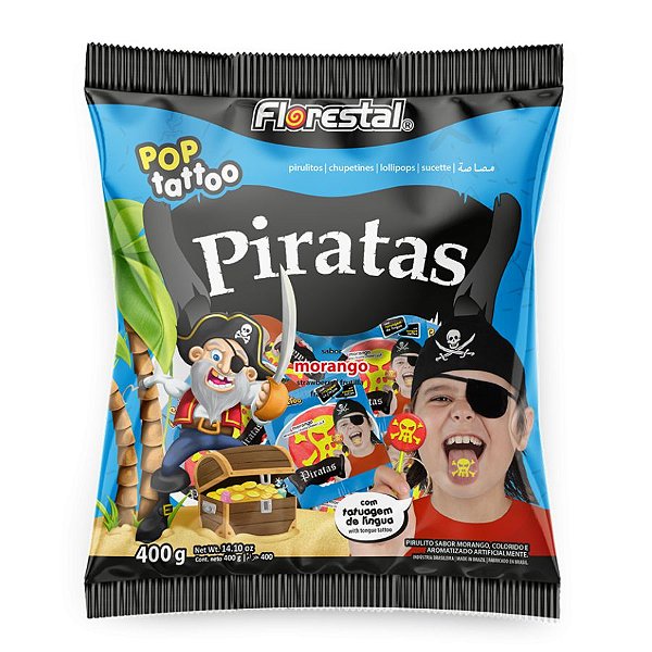 Pirulito Pop Tattoo Pirata - 400g - 50 Unidades - Florestal - Rizzo