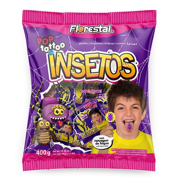 Pirulito Pop Tattoo Insetos - 400g - 50 Unidades - Florestal - Rizzo