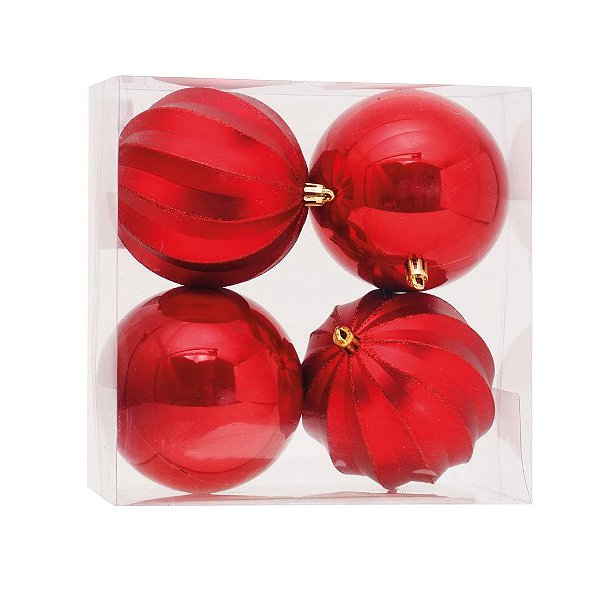 Kit Bolas Texturizadas Vermelho 10cm - 04 unidades - Cromus Natal - Rizzo Balões