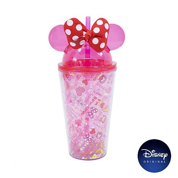 Copo C/ Canudo Minnie Mouse Tampa Orelhinha - 450ml - Disney Original - 01 Un -