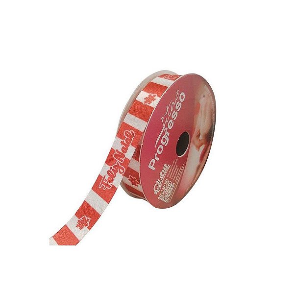 Fita de Cetim ECF 003TR 15mm -10m Cor 027 Feliz Natal Listrado - 01 unidade - Progresso Natal - Rizzo
