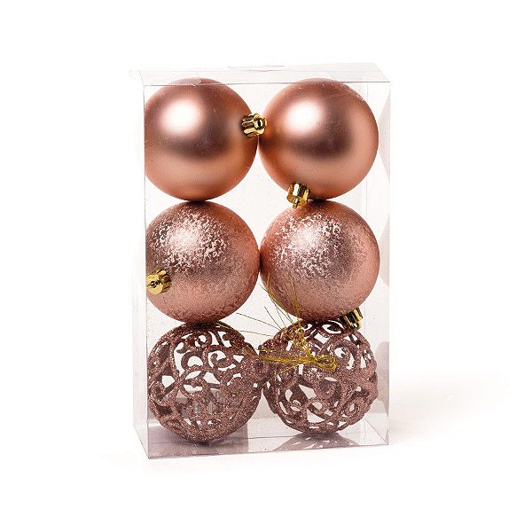 Kit Bolas Texturizadas Vazada Rose Gold 8cm - 06 unidades - Cromus Natal - Rizzo Balões