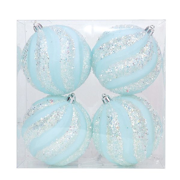 Kit Bola Listra Lantejoula - Trend Rainbow - Candy- Azul Claro- 10cm - 4 unidades - Cromus Natal - Rizzo Balões