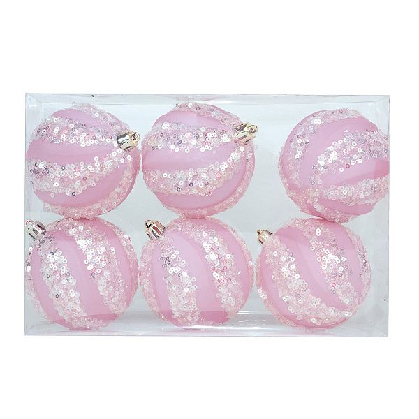 Kit Bola Listra Lantejoula - Trend Rainbow - Candy- Rosa Claro- 8cm - 6 unidades - Cromus Natal - Rizzo Balões