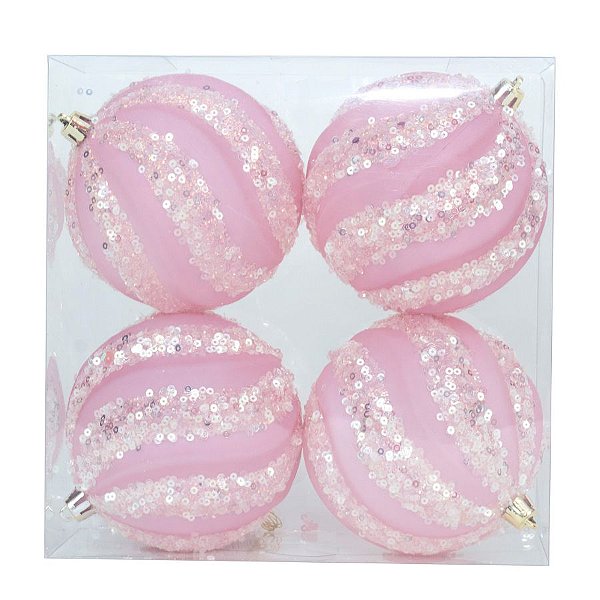 Kit Bola Listra Lantejoula - Trend Rainbow - Candy- Rosa Claro- 10cm - 4unidades - Cromus Natal - Rizzo Balões
