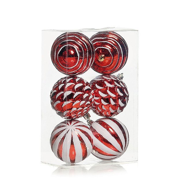 Kit Bolas Texturizadas Vermelho e Branco 8cm - 06 unidades - Cromus Natal - Rizzo Balões