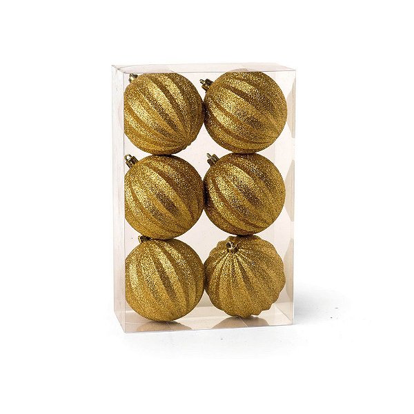 Kit Bolas Texturizadas Glitter Dourado 8cm - 06 unidades - Cromus Natal - Rizzo Balões