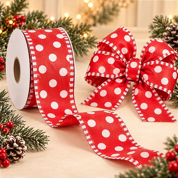 Fita Bolas Vermelho/Branco 6,3cm - 01 unidade 9,14m - Cromus Natal - Rizzo