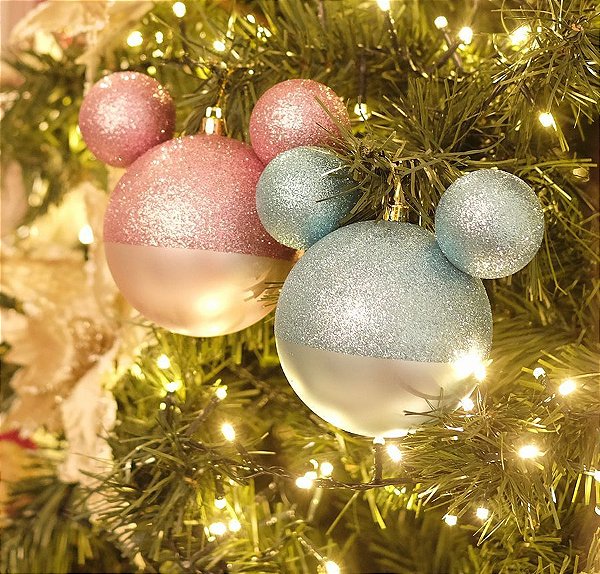 Kit Bola Mickey Azul e Rosa Glitter 10cm - 02 unidades - Natal Disney - Cromus - Rizzo