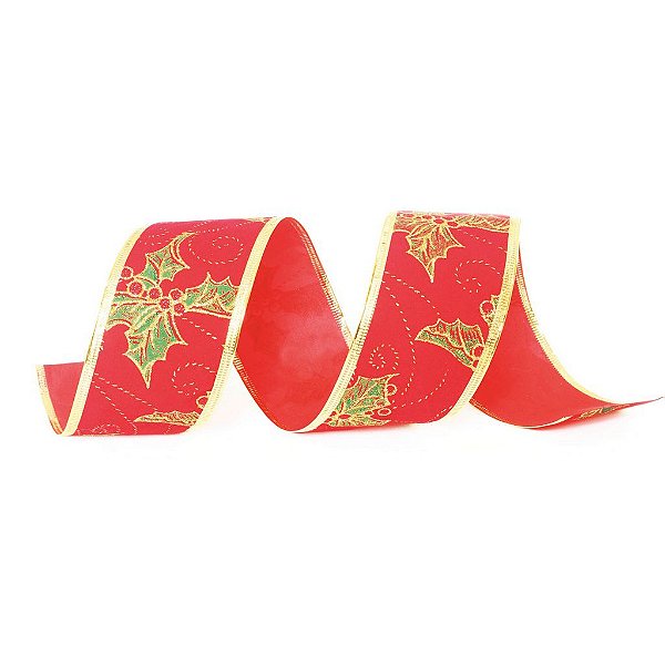 Fita Veludo Azevinho Vermelho 6,3cm - 01 unidade 10m- Cromus Natal - Rizzo Balões