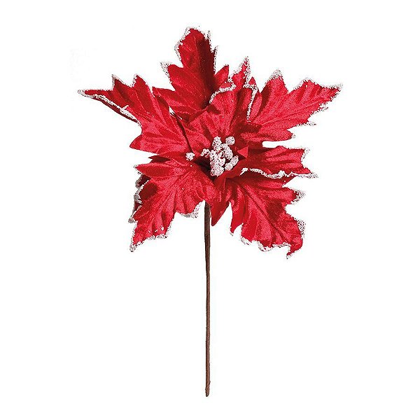 Flor Cabo Médio Poinsettia Vermelho e Branco 35cm - 01 unidade - Cromus Natal - Rizzo Balões