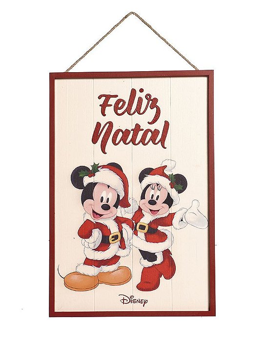 Quadro de Madeira Mickey e Miniie Feliz Natal 40cm - 01 unidade - Natal Disney - Cromus - Rizzo