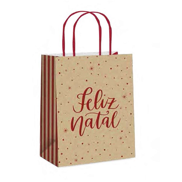 Sacola de Papel - Natal - Kraft/Vermelho - 10 unidades - Cromus - Rizzo