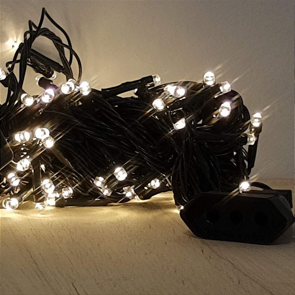 Cordão de LED Luz Amarela com Fio Verde 100 Leds 5m 127V - 1unidade - Cromus Natal - Rizzo