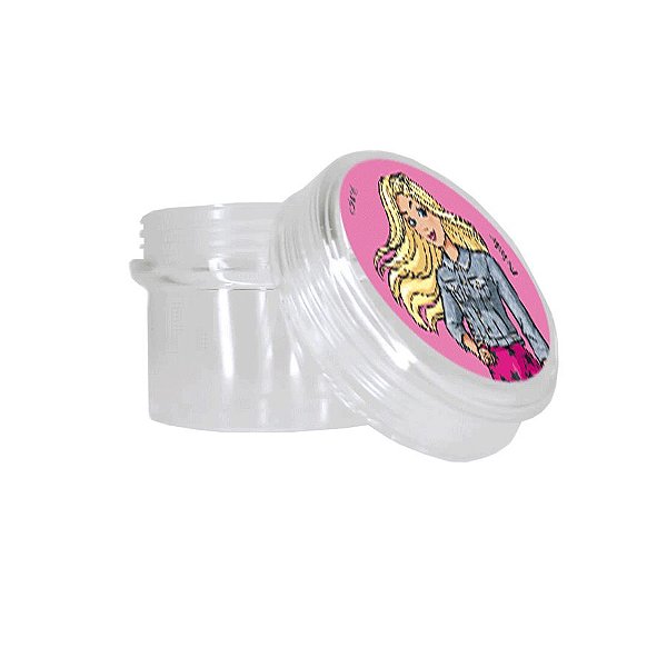 Potinho Acrílico Redondo Tampa Rosqueável Festa Barbie - 80ml - 4,8cm x 5cm - 20 unidades - Rizzo
