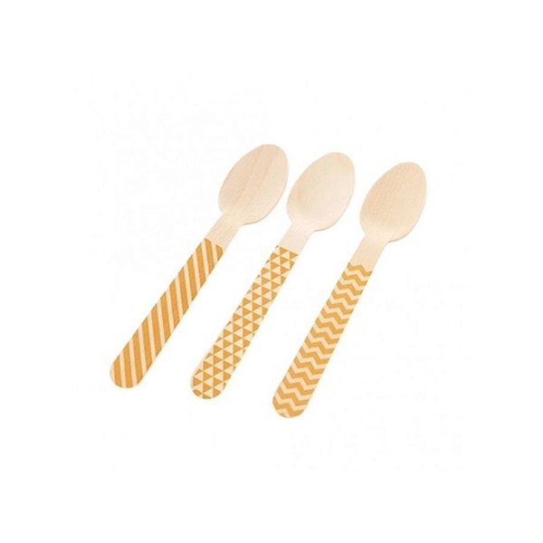 Pacote Colher Madeira - Chevron Dourado - 14cm - 10 unidades - Rizzo