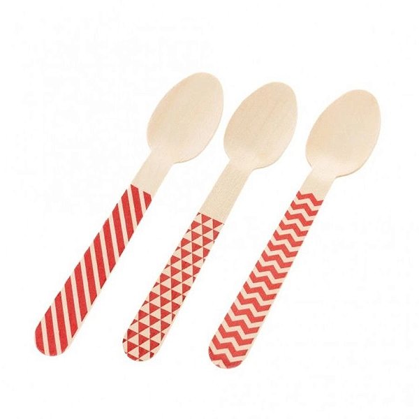 Pacote Colher Madeira - Chevron Vermelho - 14cm - 10 unidades - Rizzo