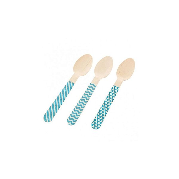 Pacote Colher Madeira - Chevron Azul - 10cm - 10 unidades - Rizzo