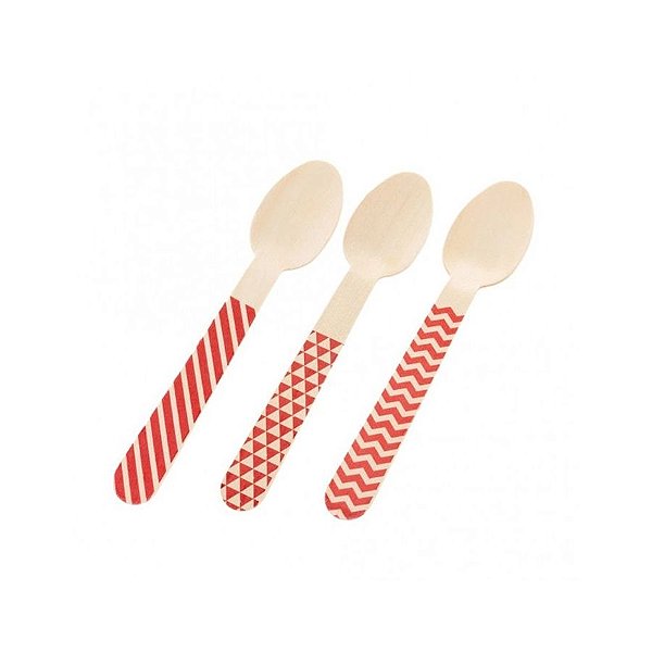 Pacote Colher Madeira - Chevron Vermelho - 10cm - 10 unidades - Rizzo